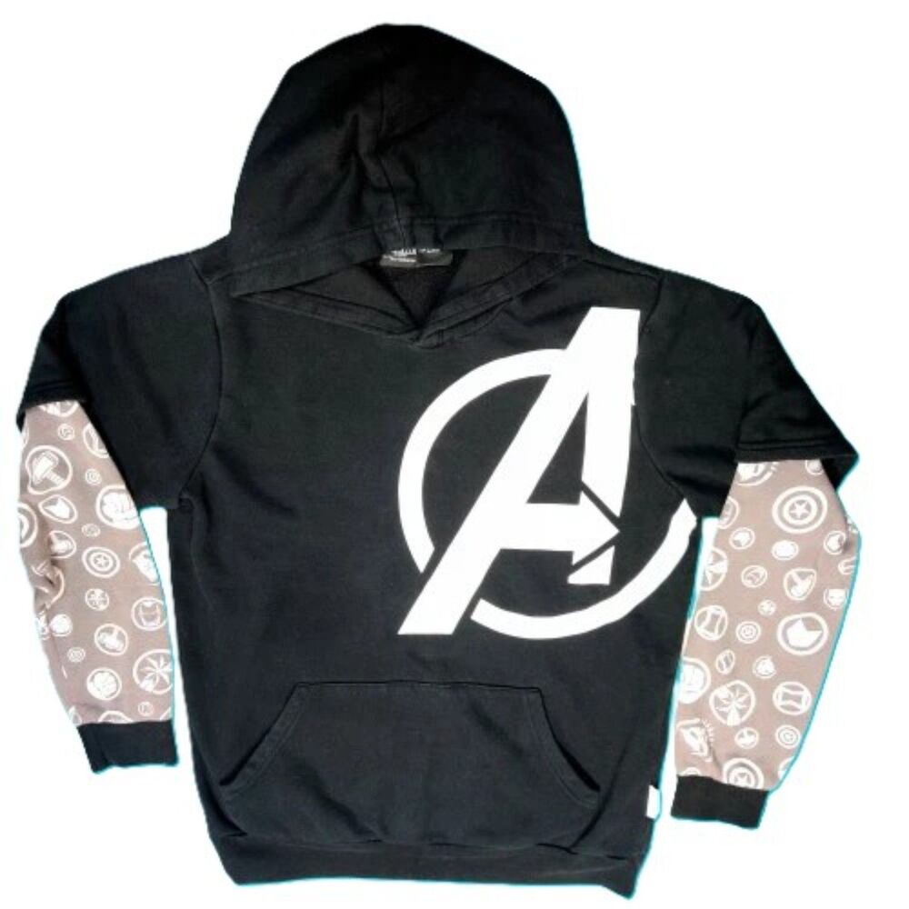 Marvel Avengers Logo Hoodie Black Gray Sleeve Layered Look Men’s Size Small